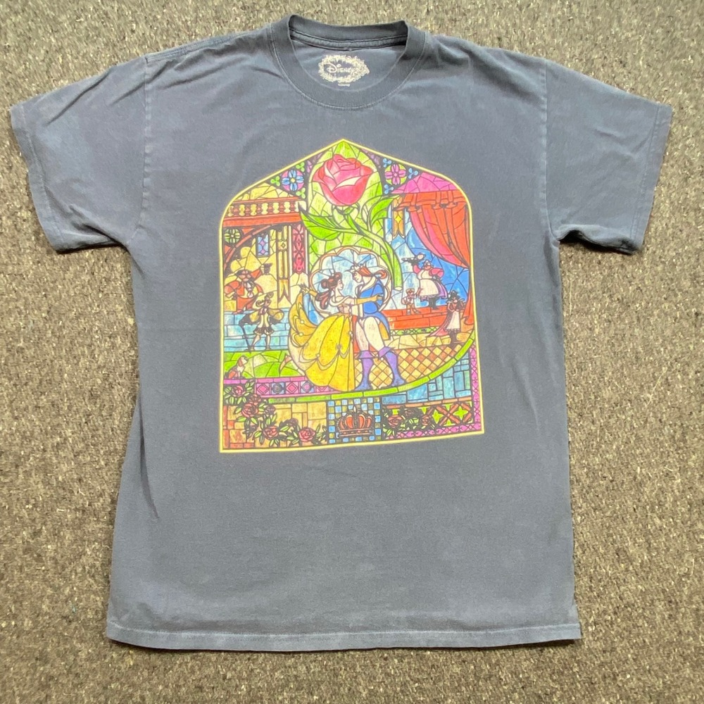 Disney Beauty and the Beast TShirt Sz M Unisex Blue Stained Glass Belle Prince